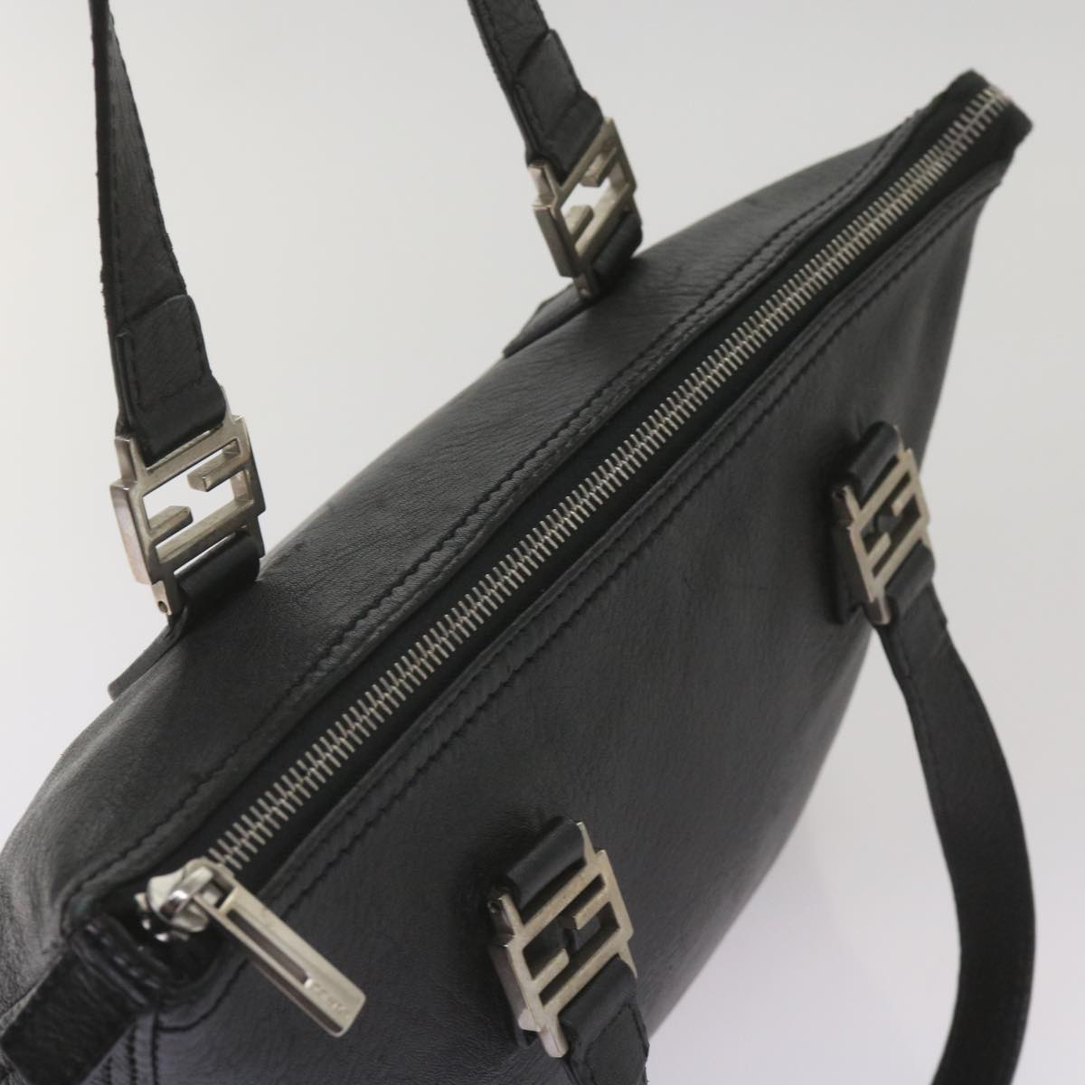 FENDI Hand Bag Leather Black Auth 68245