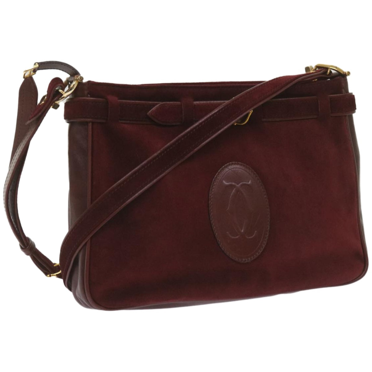 CARTIER Shoulder Bag Suede Leather Wine Red Auth 68255