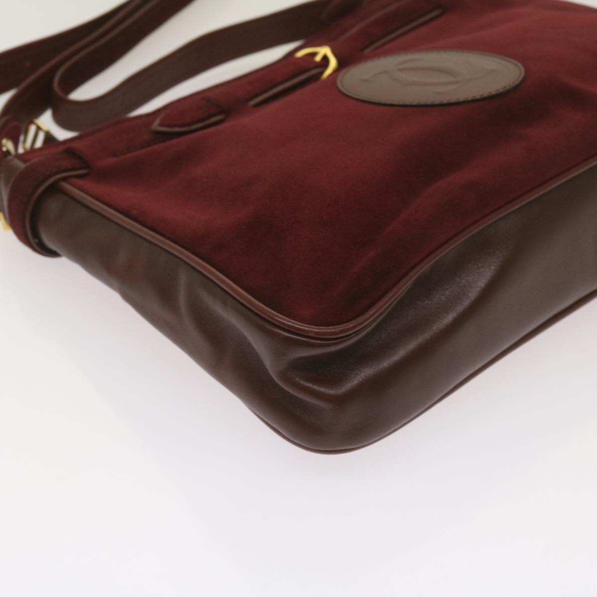 CARTIER Shoulder Bag Suede Leather Wine Red Auth 68255