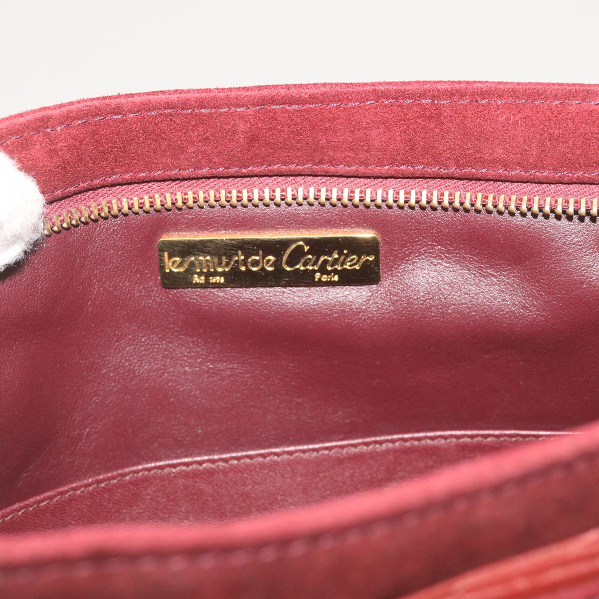 CARTIER Shoulder Bag Suede Leather Wine Red Auth 68255