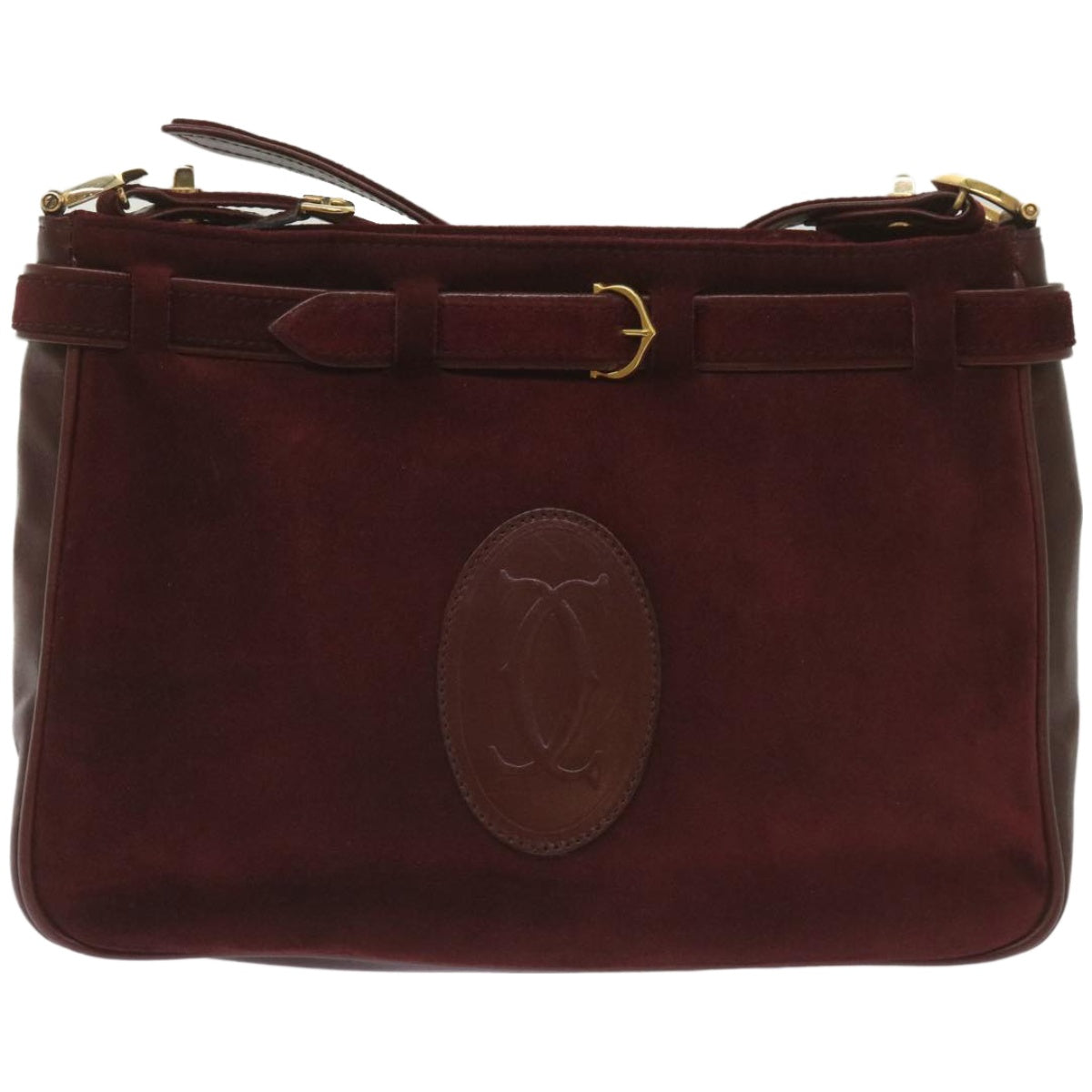 CARTIER Shoulder Bag Suede Leather Wine Red Auth 68255