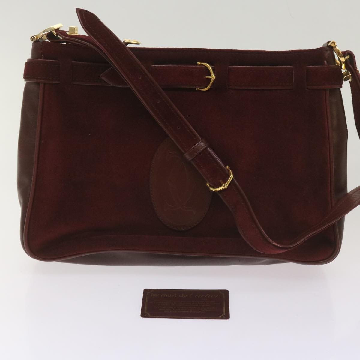 CARTIER Shoulder Bag Suede Leather Wine Red Auth 68255