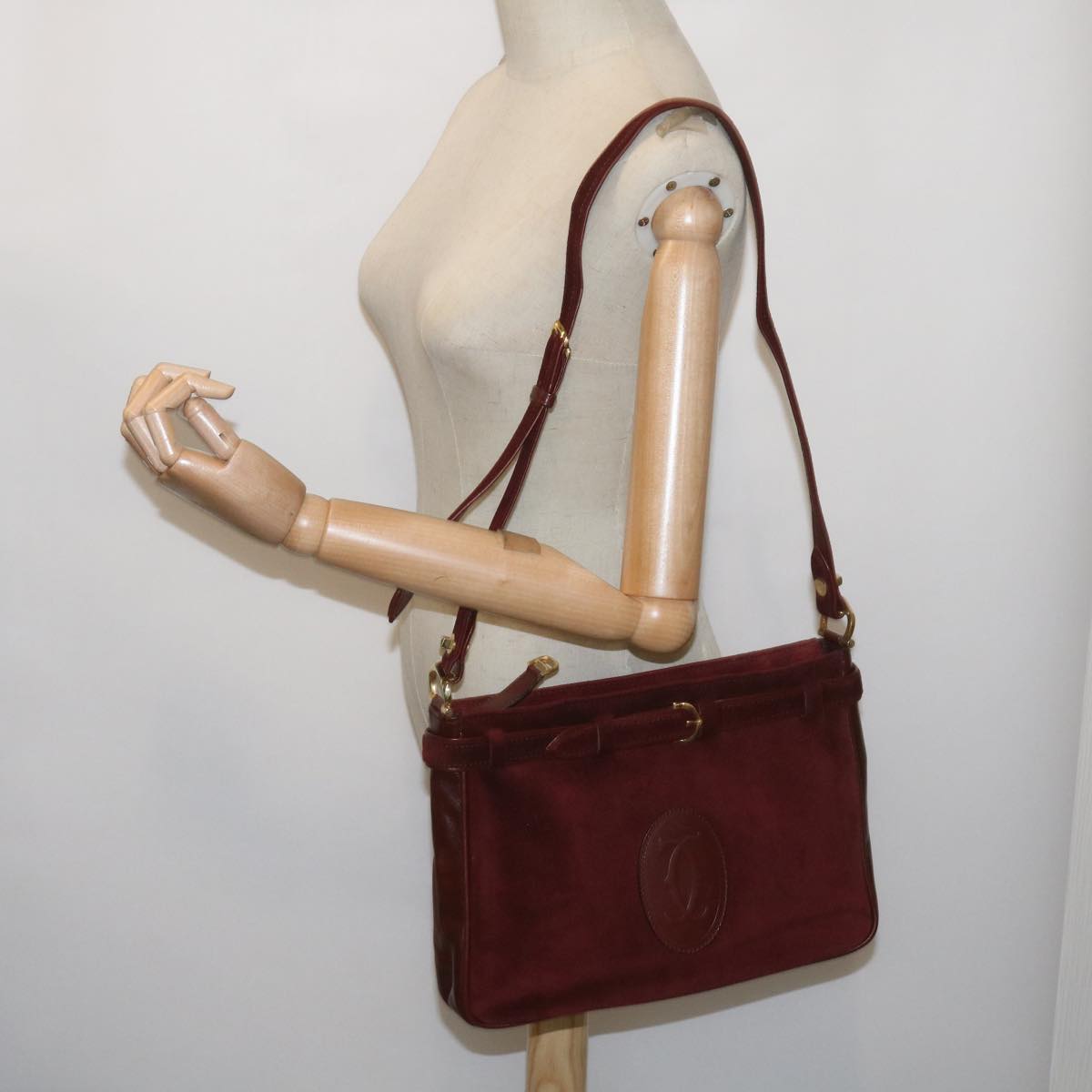 CARTIER Shoulder Bag Suede Leather Wine Red Auth 68255