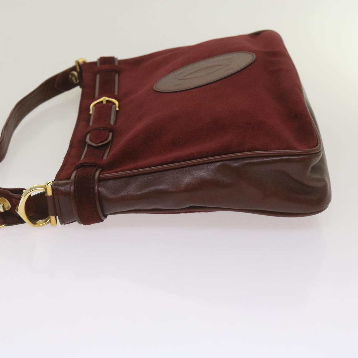 CARTIER Shoulder Bag Suede Leather Wine Red Auth 68255