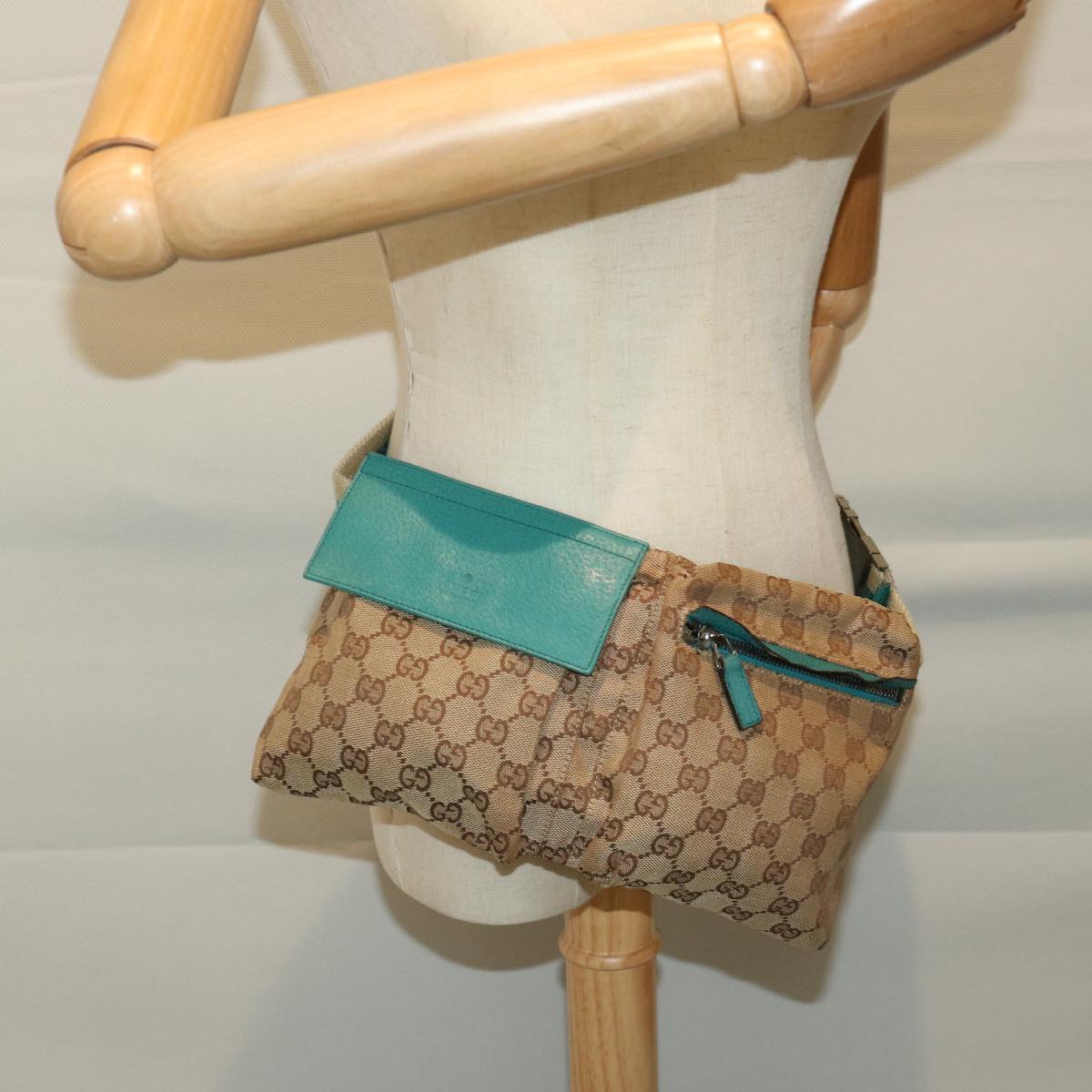 GUCCI GG Canvas Sherry Line Waist bag Beige Turquoise Blue 28566 Auth 68277