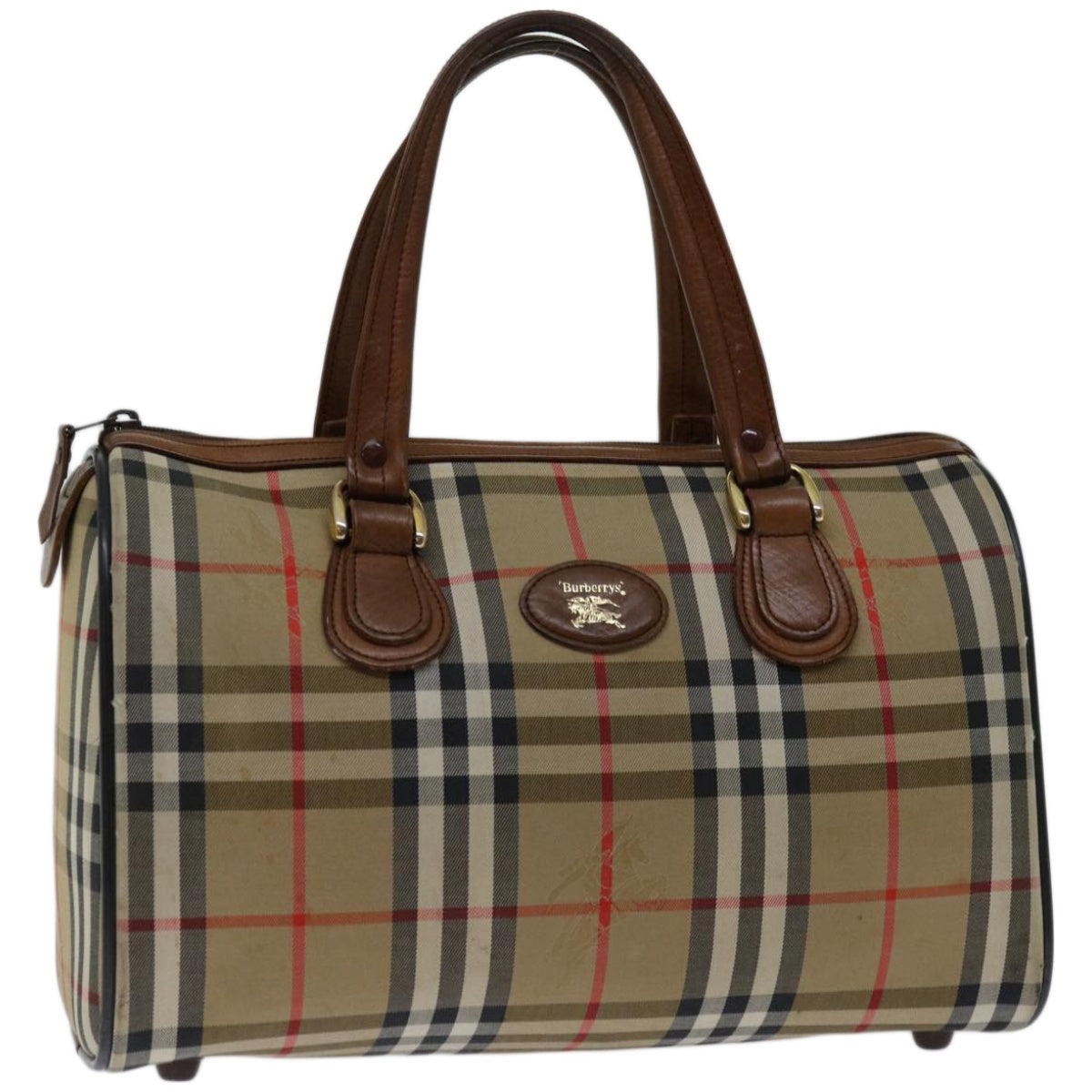 Burberrys Nova Check Boston Bag Canvas Beige Auth 68285