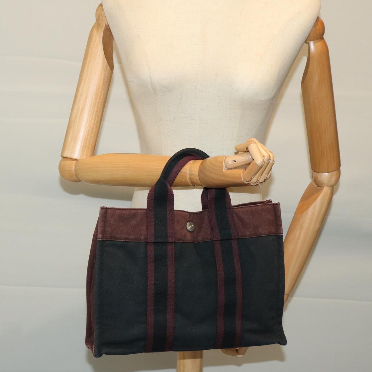 HERMES Fourre Tout PM Tote Bag Canvas Black Wine Red Auth 68293