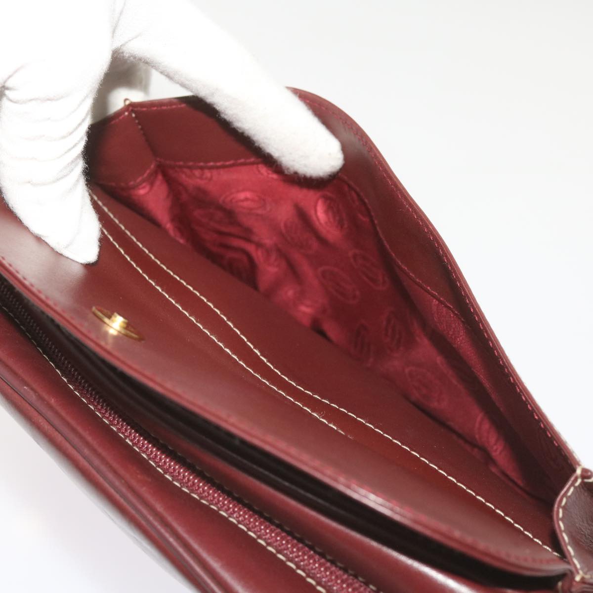 CARTIER Shoulder Bag Leather Wine Red Auth 68320