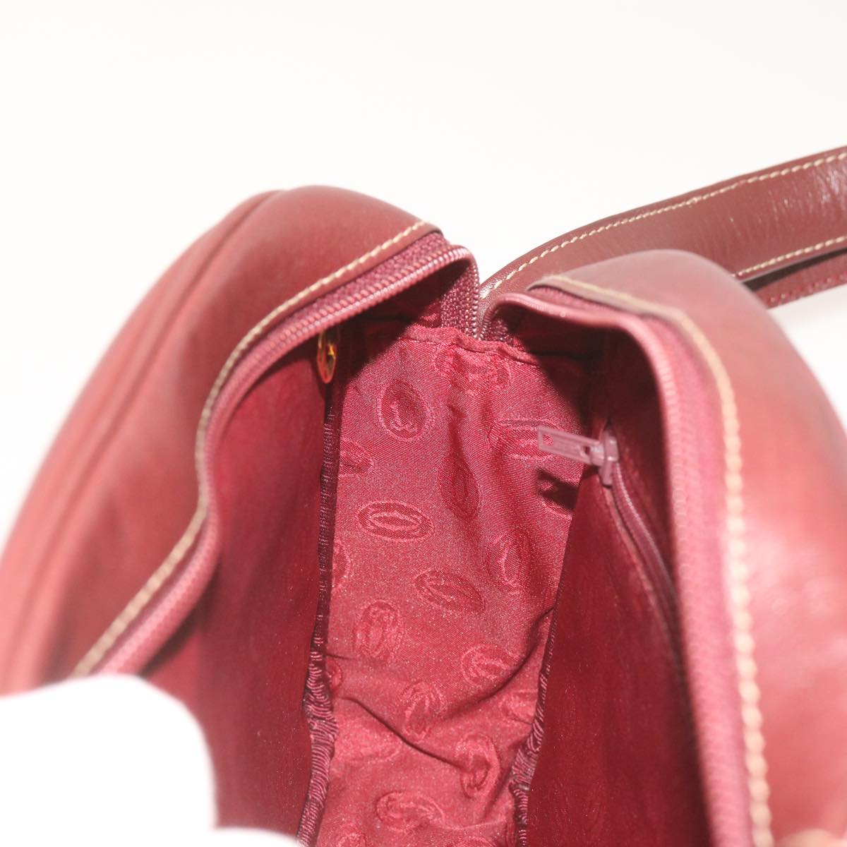 CARTIER Shoulder Bag Leather Wine Red Auth 68320