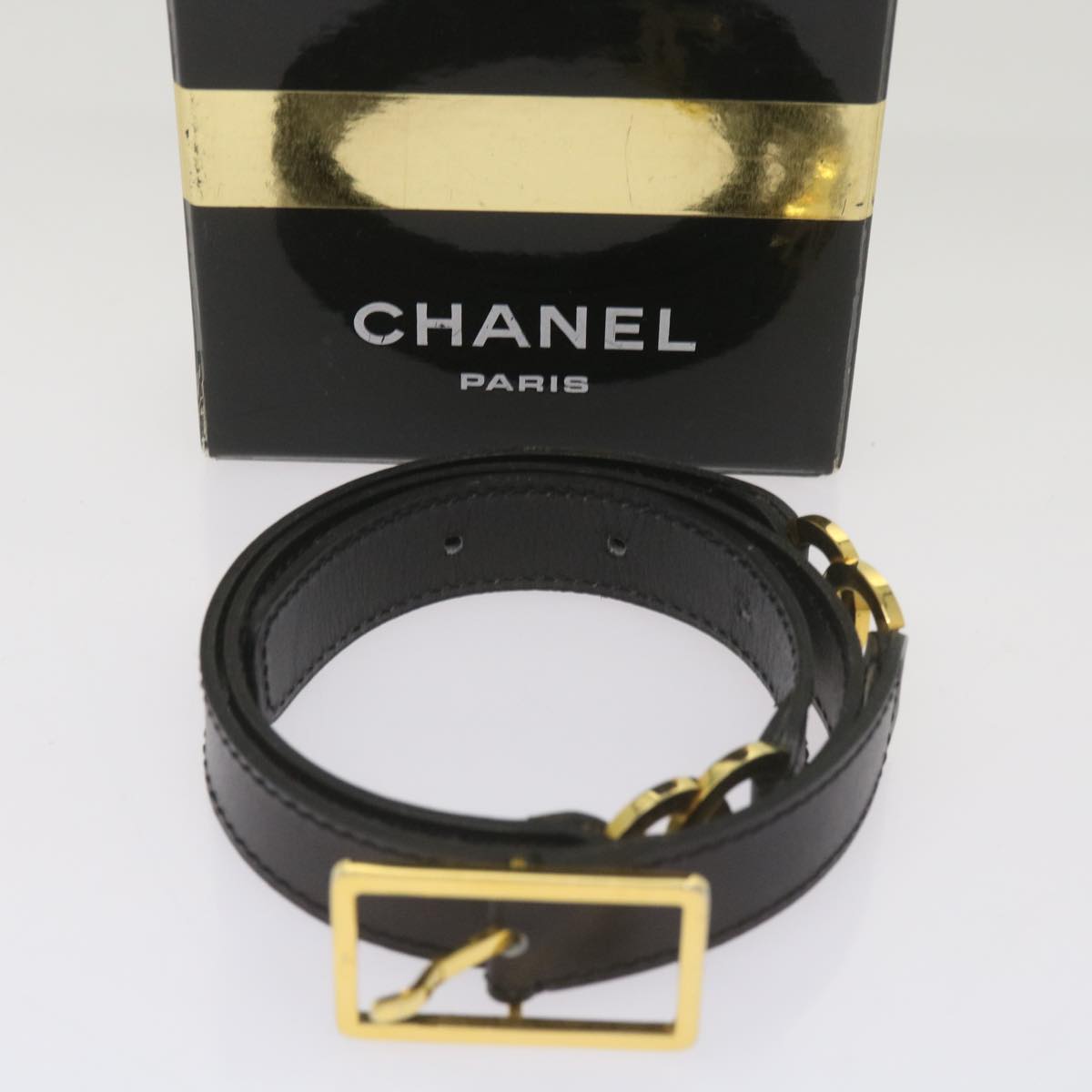 CHANEL COCO Mark Belt Leather 28"" Black CC Auth 68326