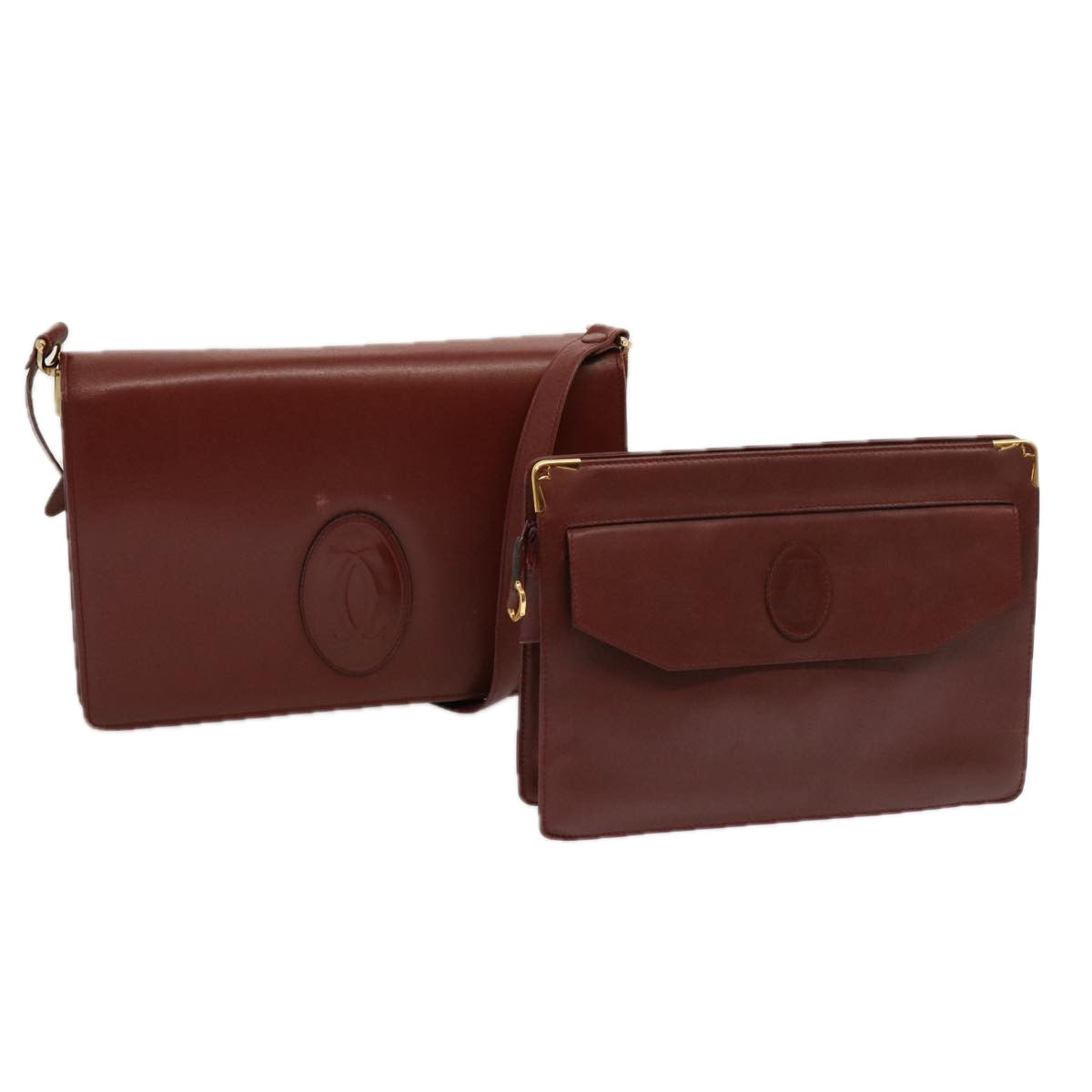 CARTIER Clutch Bag Shoulder Bag Leather 2Set Wine Red Auth 68345