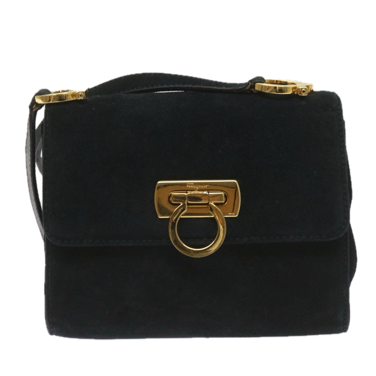 Salvatore Ferragamo Gancini Shoulder Bag Suede Black Auth 68424