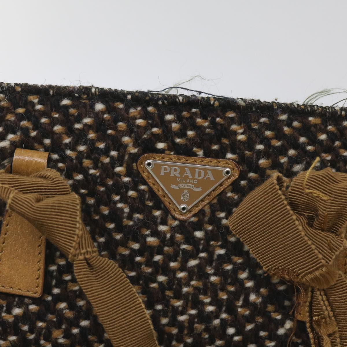 PRADA Hand Bag Wool Brown Auth 68624