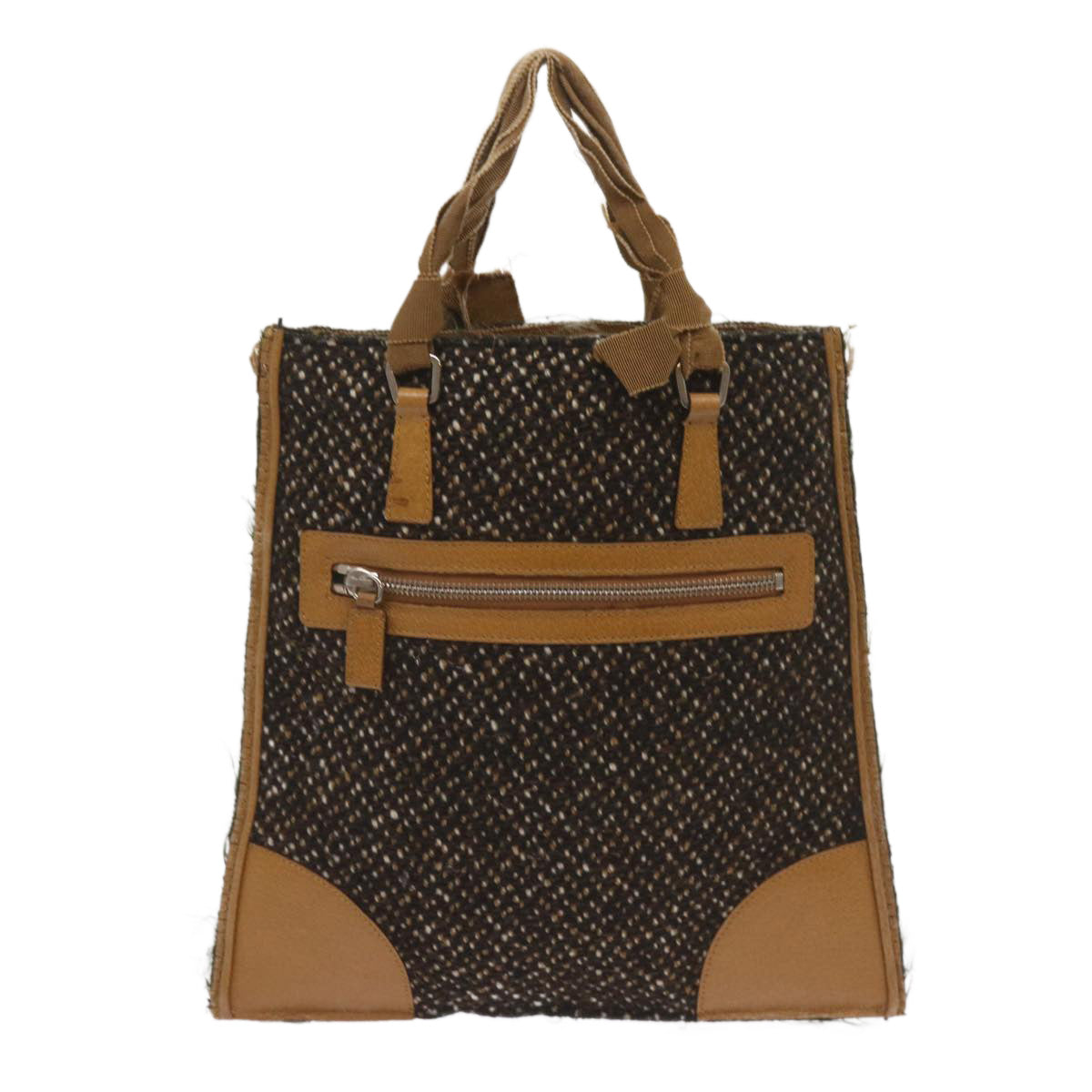 PRADA Hand Bag Wool Brown Auth 68624