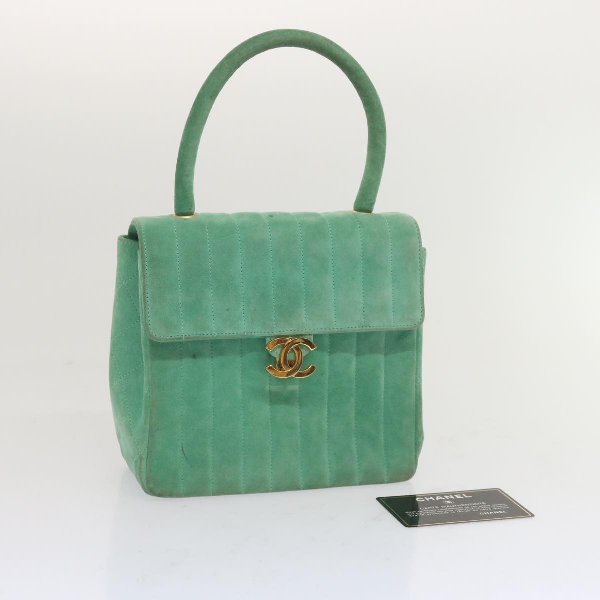 CHANEL Hand Bag Suede Green CC Auth 68731A