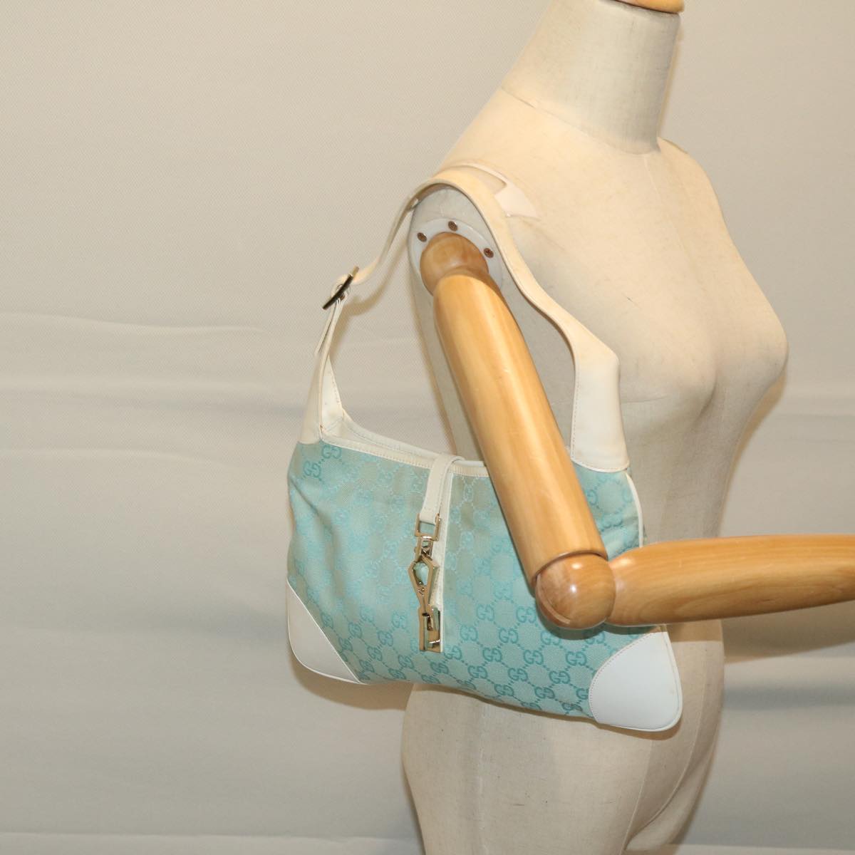 GUCCI GG Canvas Jackie Shoulder Bag Light Blue White Auth 68866