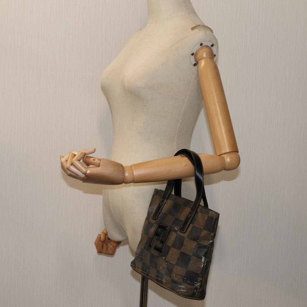 FENDI Pecan Canvas Hand Bag 2way Brown Black Auth 69215