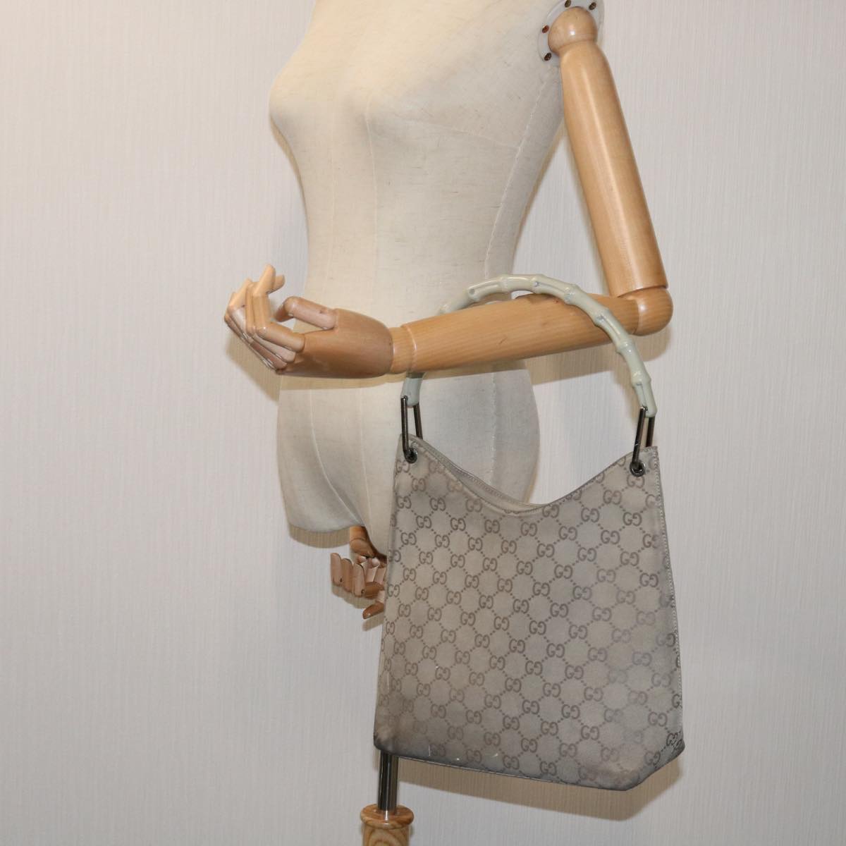 GUCCI GG Canvas Bamboo Shoulder Bag Gray 001 2058 3007 Auth 69361