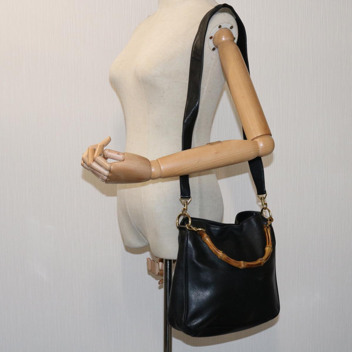 GUCCI Bamboo Shoulder Bag Leather 2way Black Auth 69380