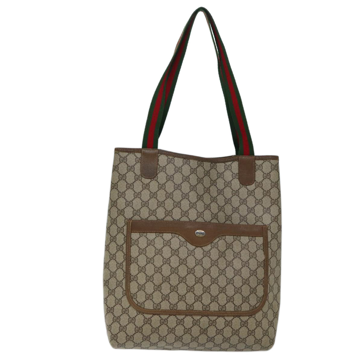 GUCCI GG Canvas Web Sherry Line Tote Bag PVC Beige Green Red Auth 69398