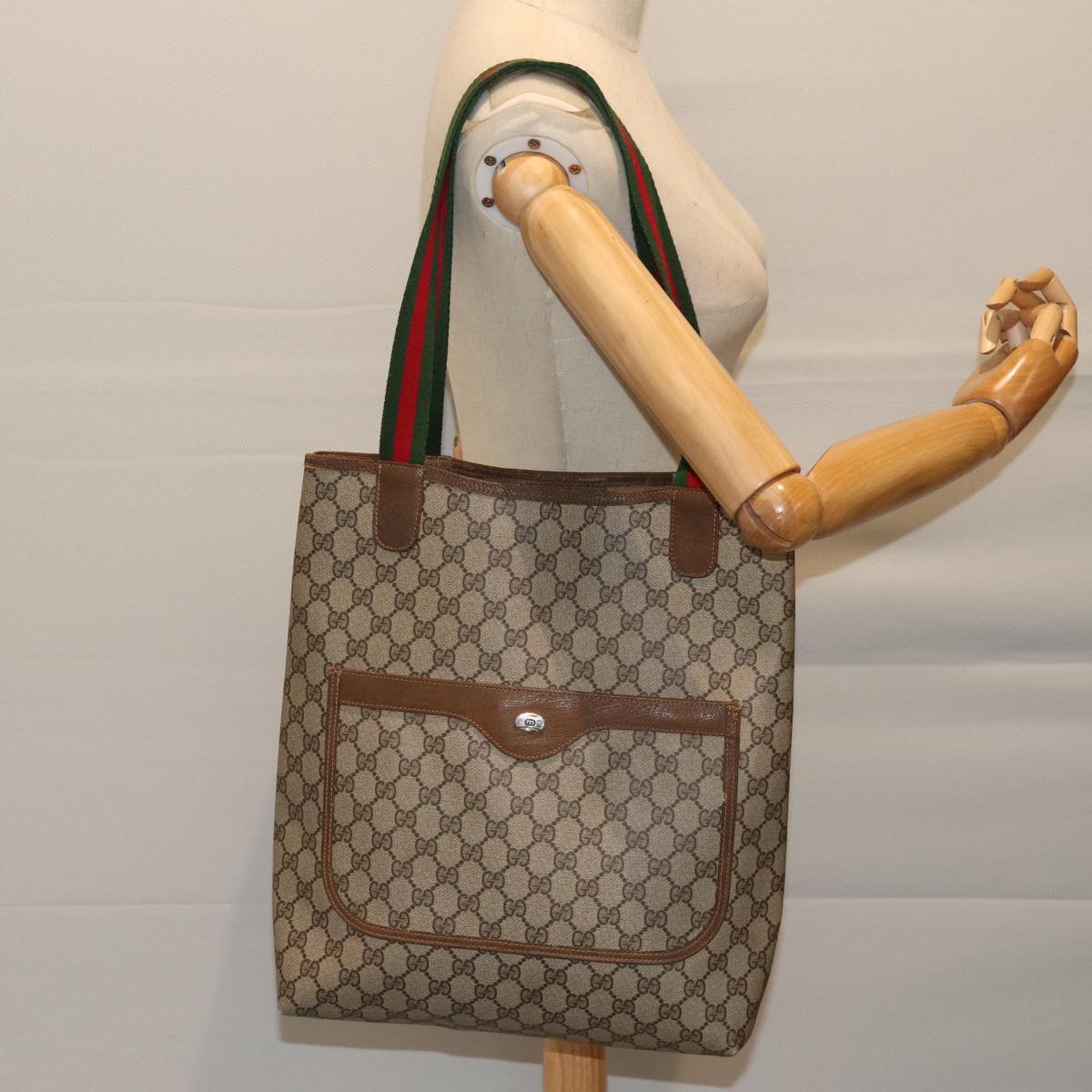 GUCCI GG Canvas Web Sherry Line Tote Bag PVC Beige Green Red Auth 69398