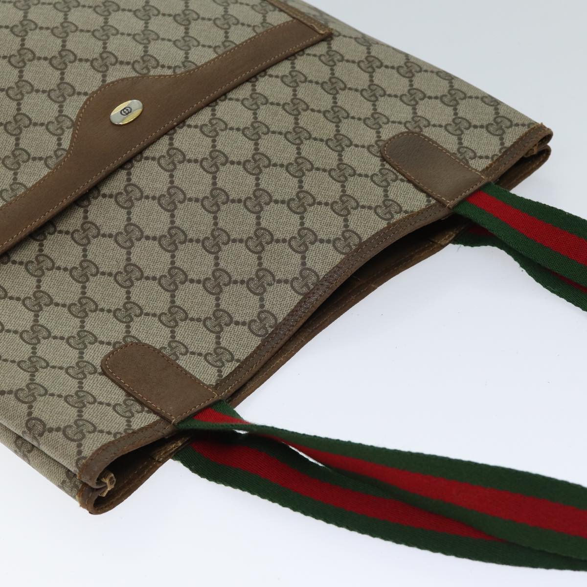 GUCCI GG Canvas Web Sherry Line Tote Bag PVC Beige Green Red Auth 69398