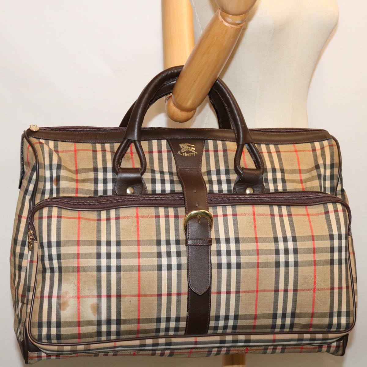 Burberrys Nova Check Boston Bag Canvas Beige Auth 69449