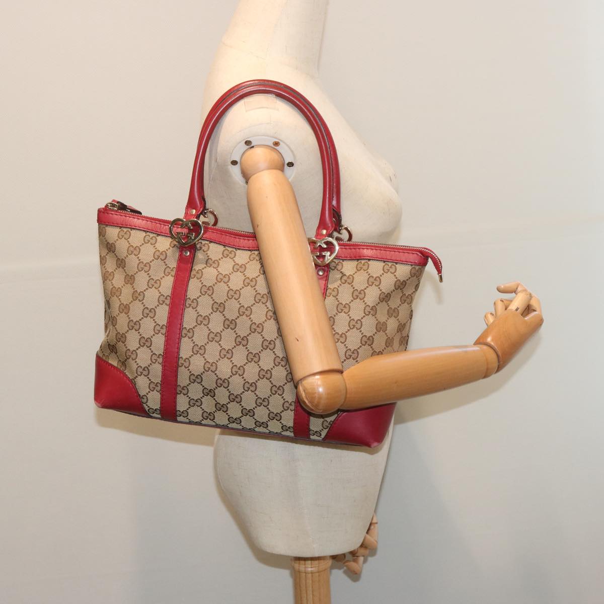 GUCCI GG Canvas Tote Bag Beige Red 257069 Auth 69451