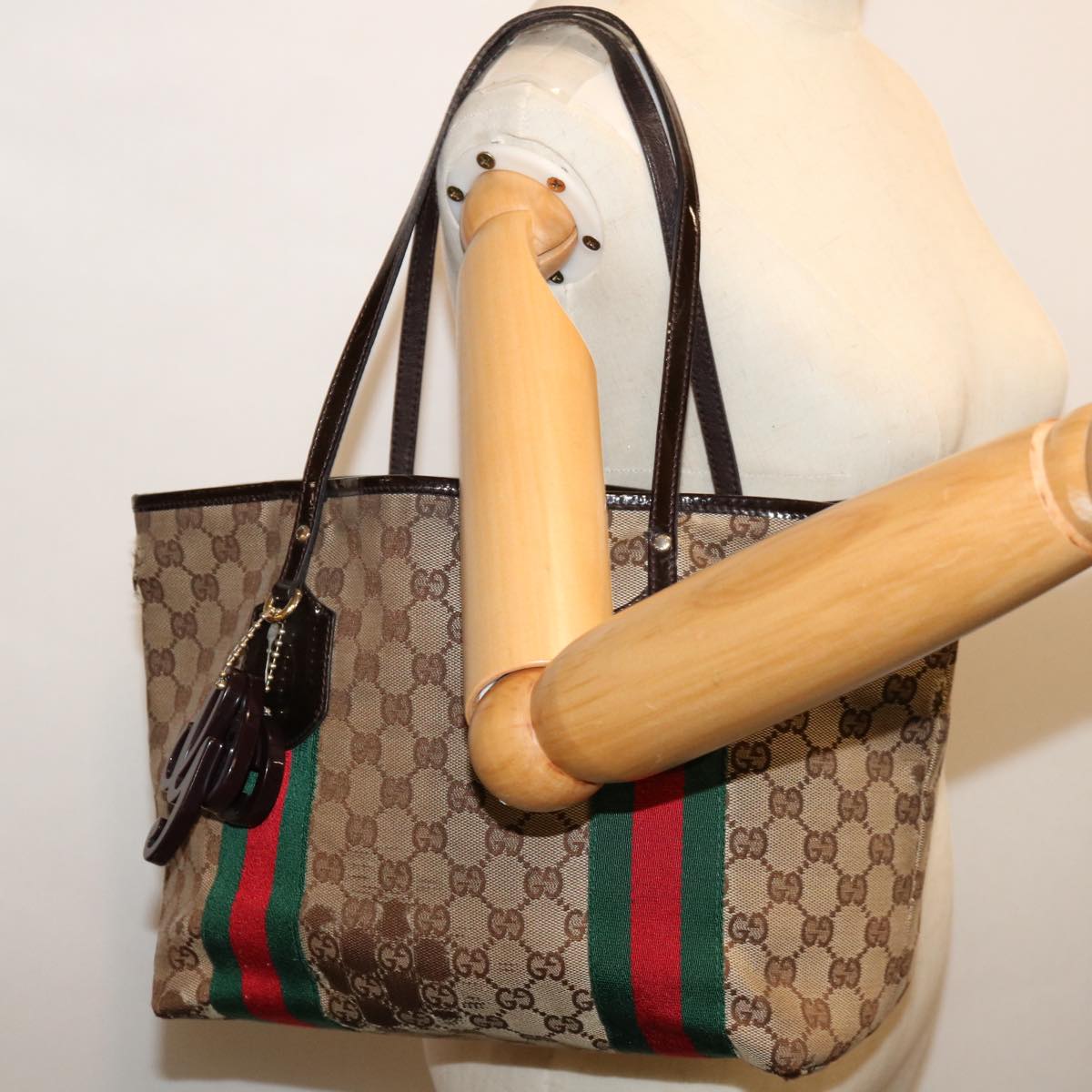 GUCCI GG Canvas Web Sherry Line Tote Bag Beige Red Green 211971 Auth 69638