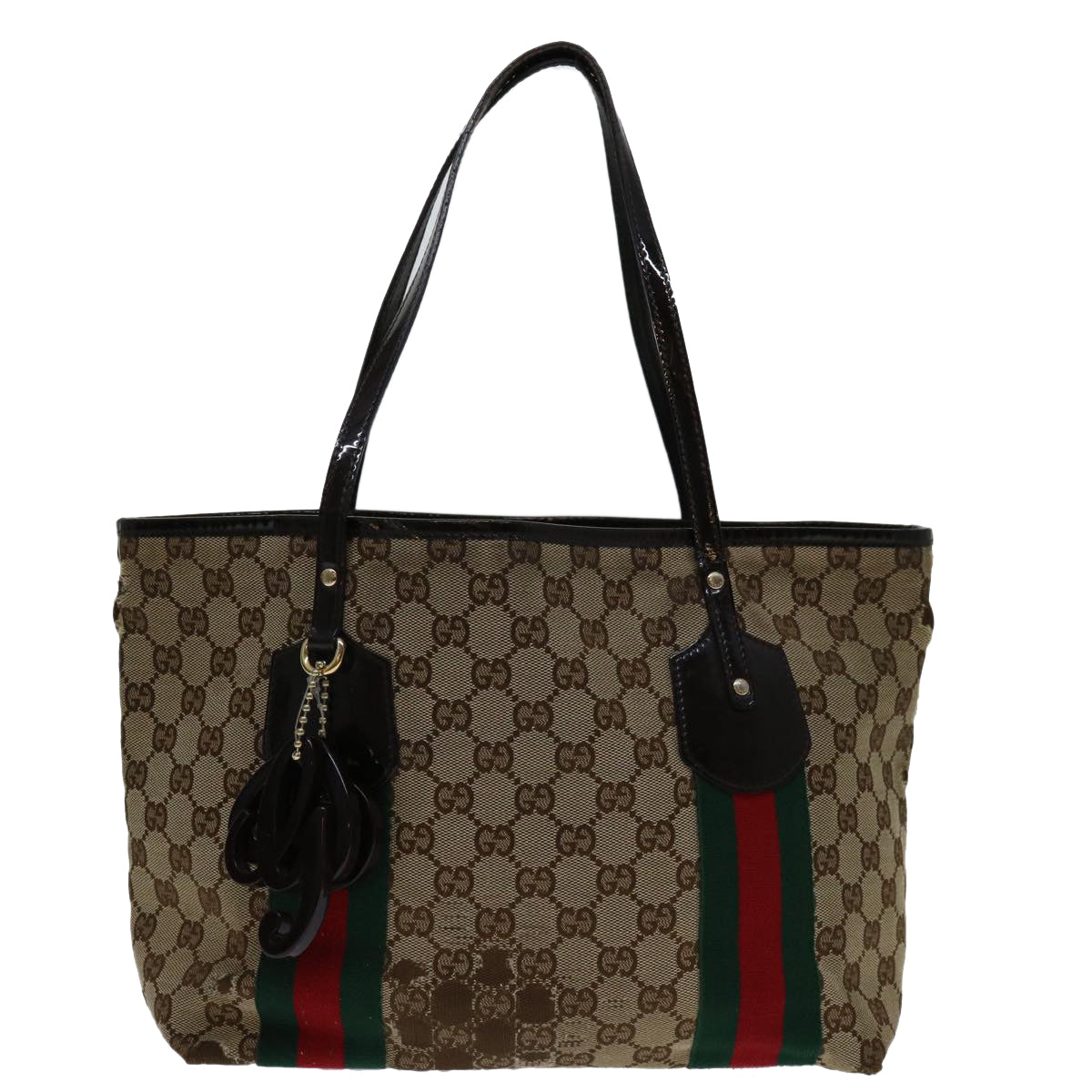 GUCCI GG Canvas Web Sherry Line Tote Bag Beige Red Green 211971 Auth 69638