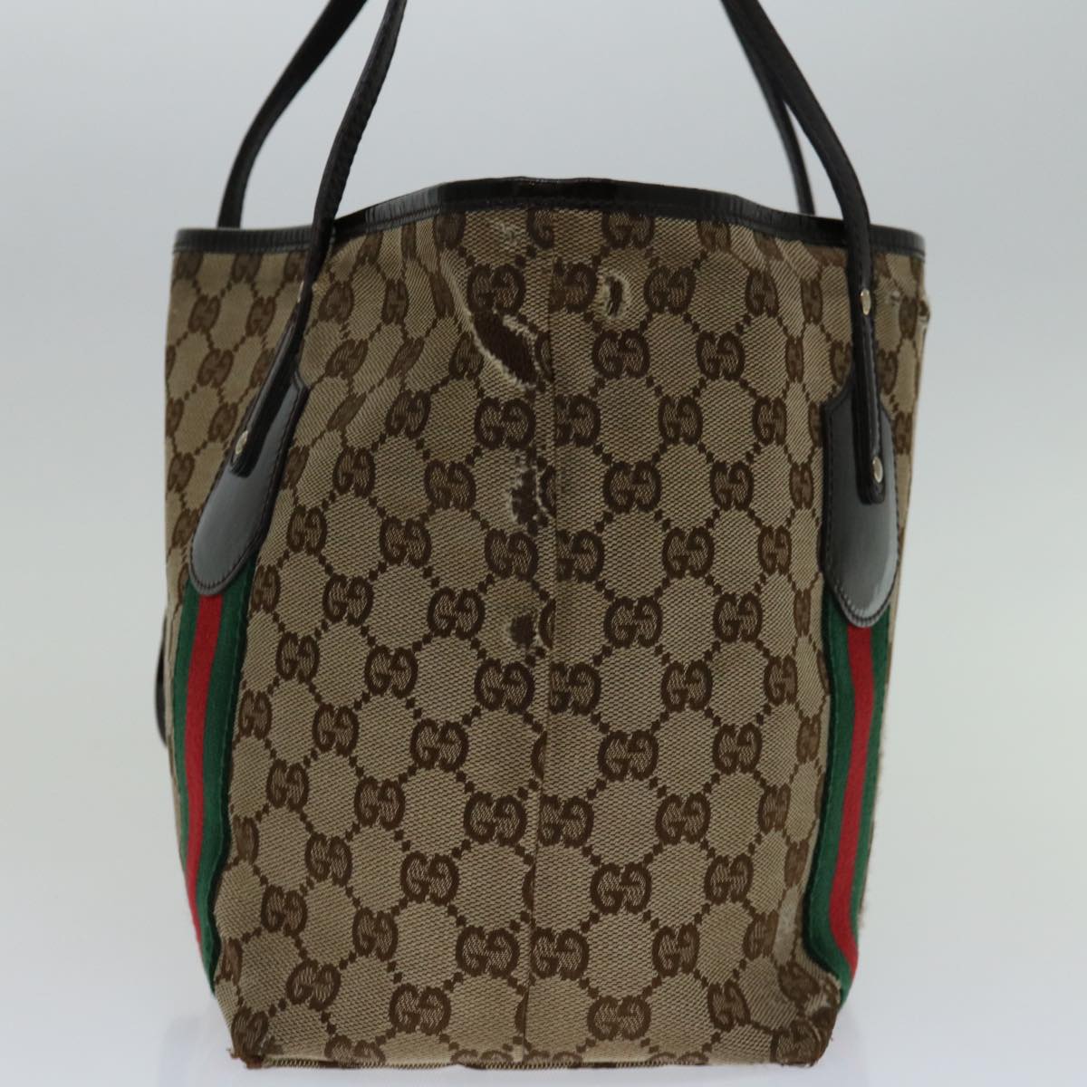 GUCCI GG Canvas Web Sherry Line Tote Bag Beige Red Green 211971 Auth 69638