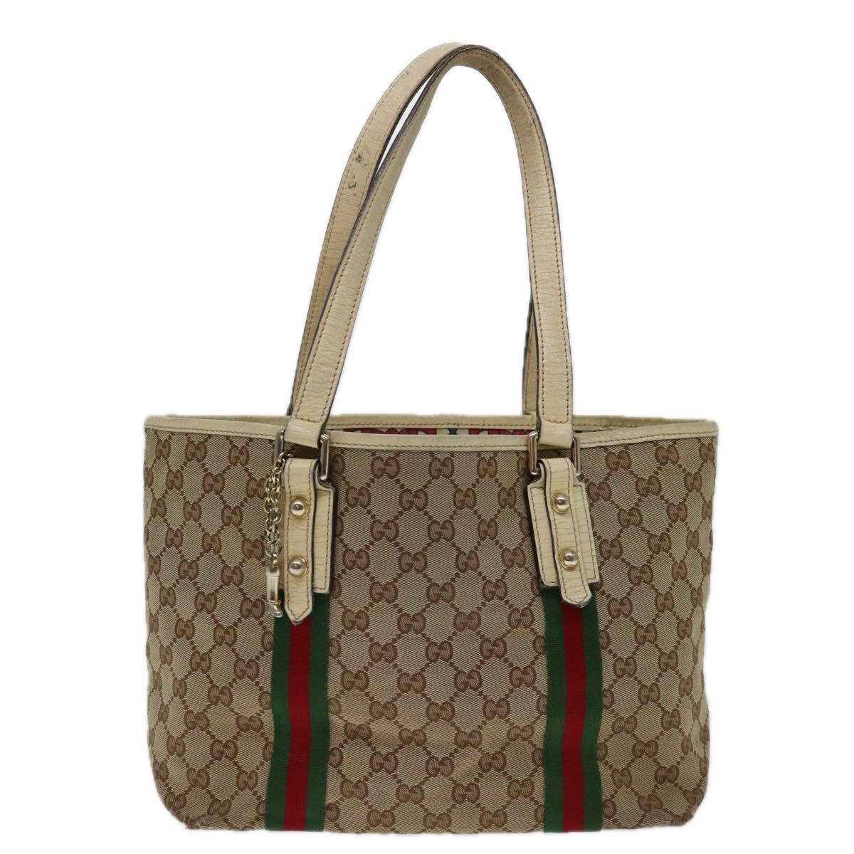 GUCCI GG Canvas Web Sherry Line Tote Bag Beige Red Green 137396 Auth 69642