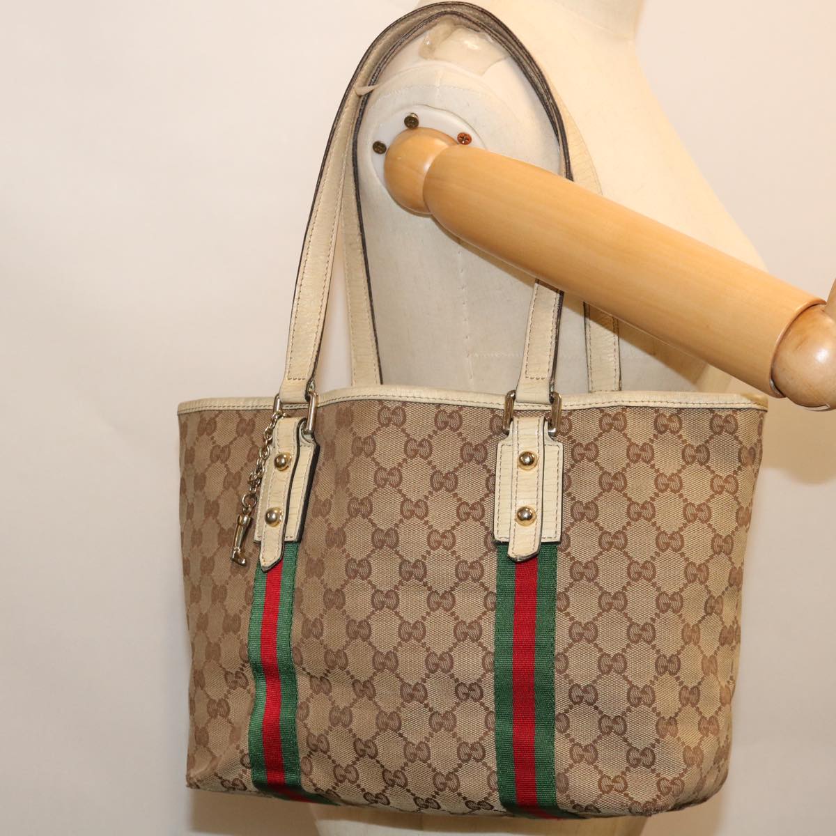 GUCCI GG Canvas Web Sherry Line Tote Bag Beige Red Green 137396 Auth 69642