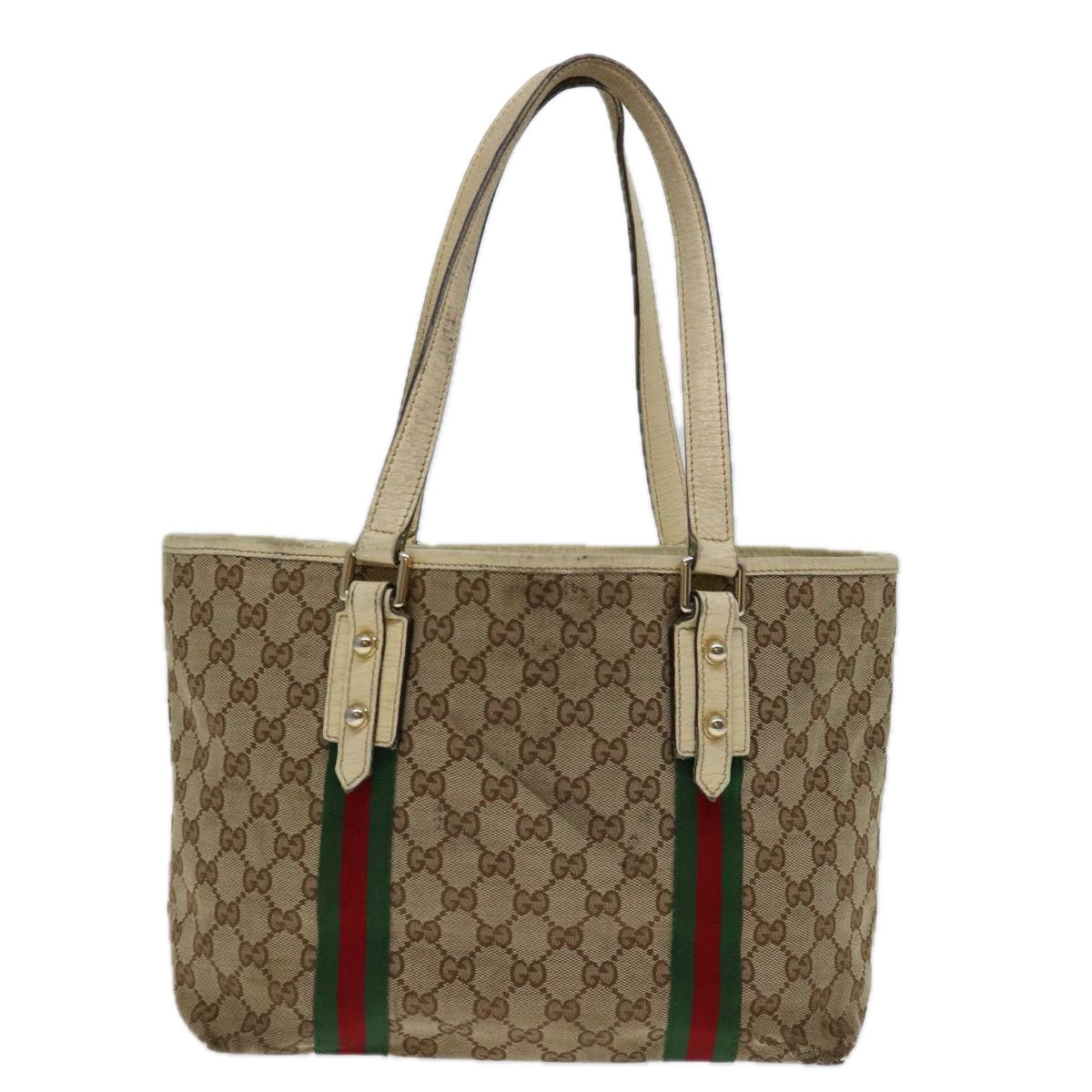 GUCCI GG Canvas Web Sherry Line Tote Bag Beige Red Green 137396 Auth 69642