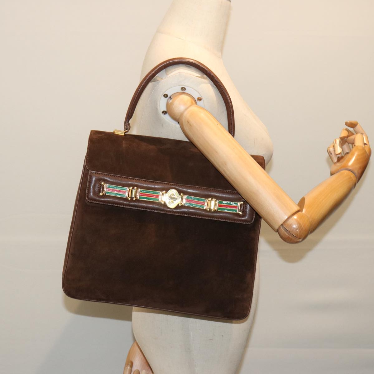 GUCCI Hand Bag Suede Brown Auth 69726