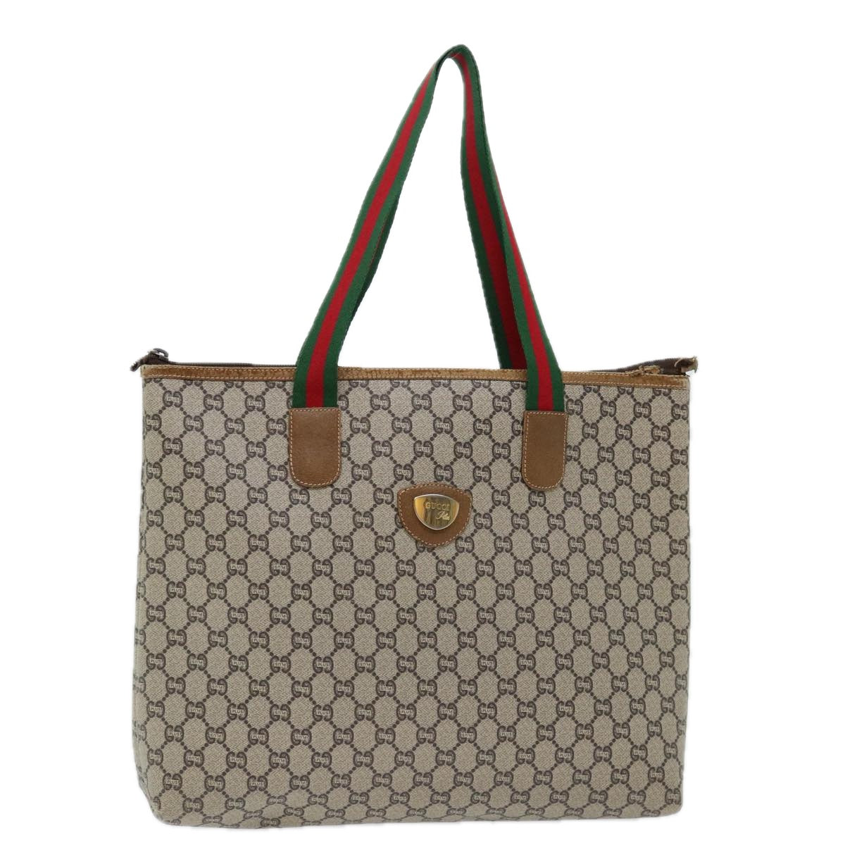 GUCCI GG Plus Supreme Web Sherry Line Tote Bag PVC Beige Green Red Auth 69790