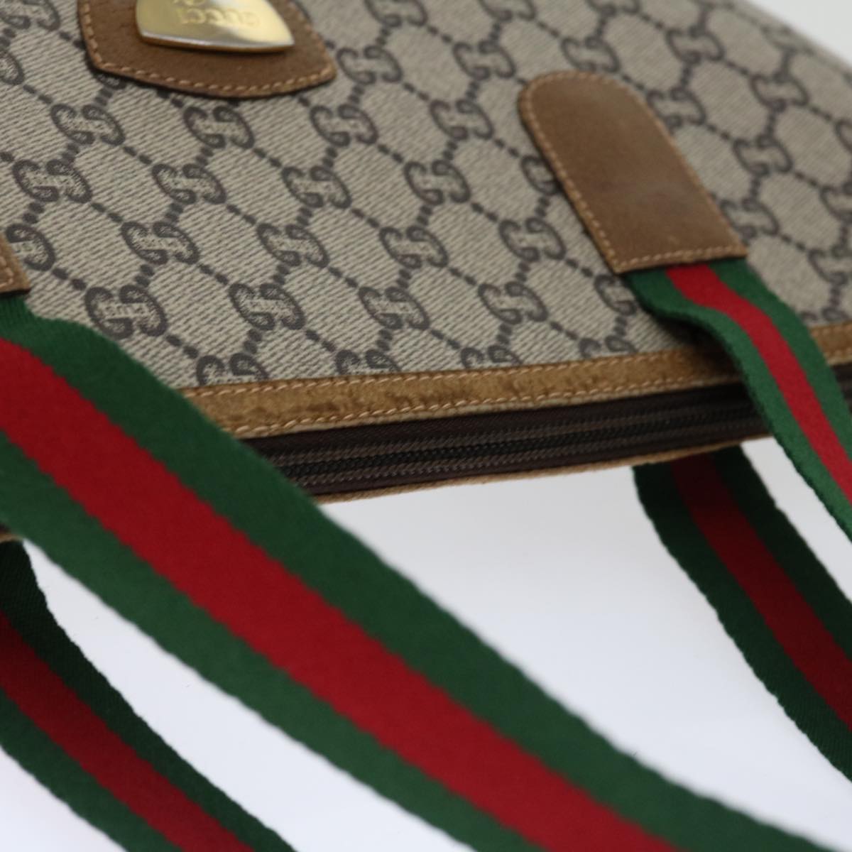 GUCCI GG Plus Supreme Web Sherry Line Tote Bag PVC Beige Green Red Auth 69790