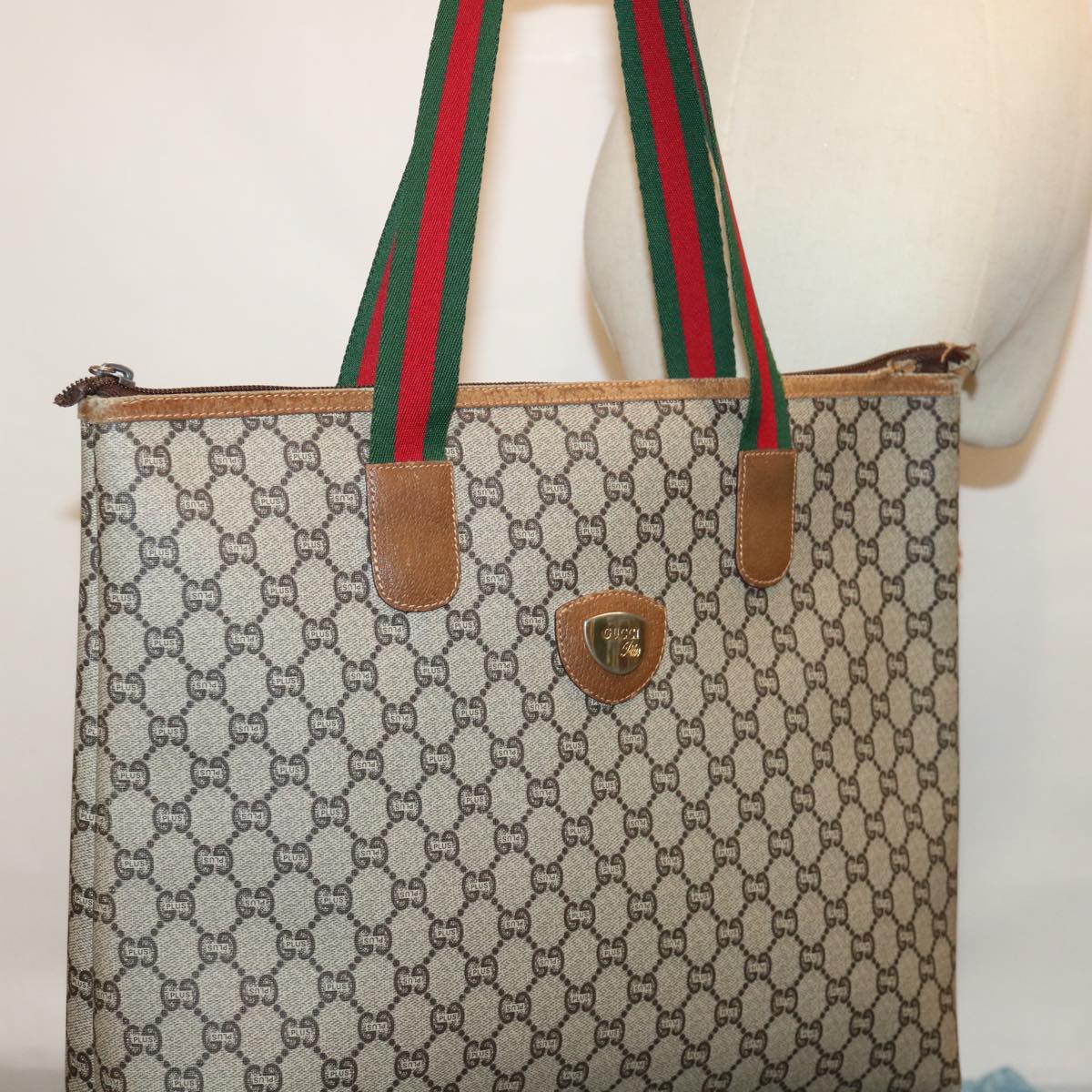 GUCCI GG Plus Supreme Web Sherry Line Tote Bag PVC Beige Green Red Auth 69790