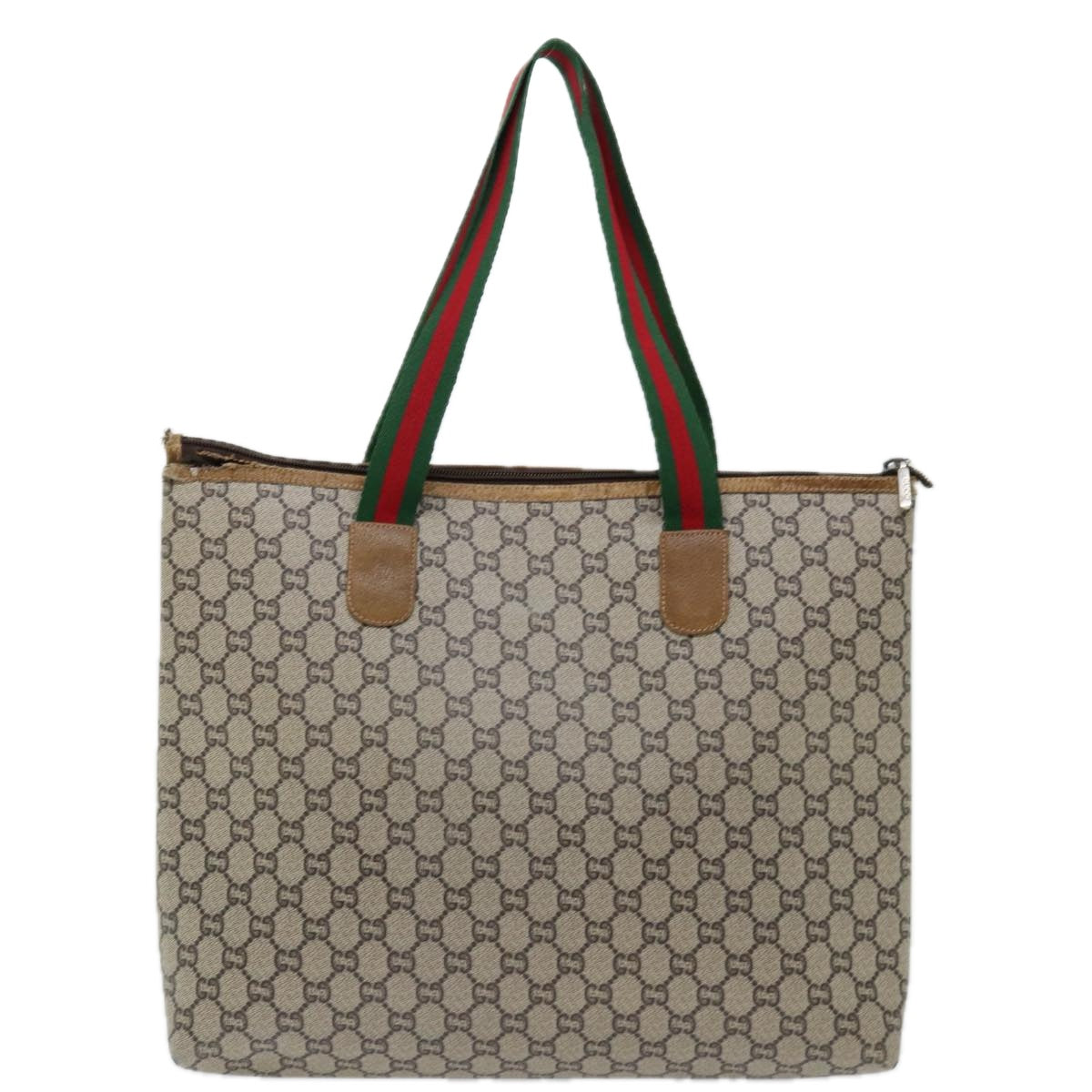 GUCCI GG Plus Supreme Web Sherry Line Tote Bag PVC Beige Green Red Auth 69790