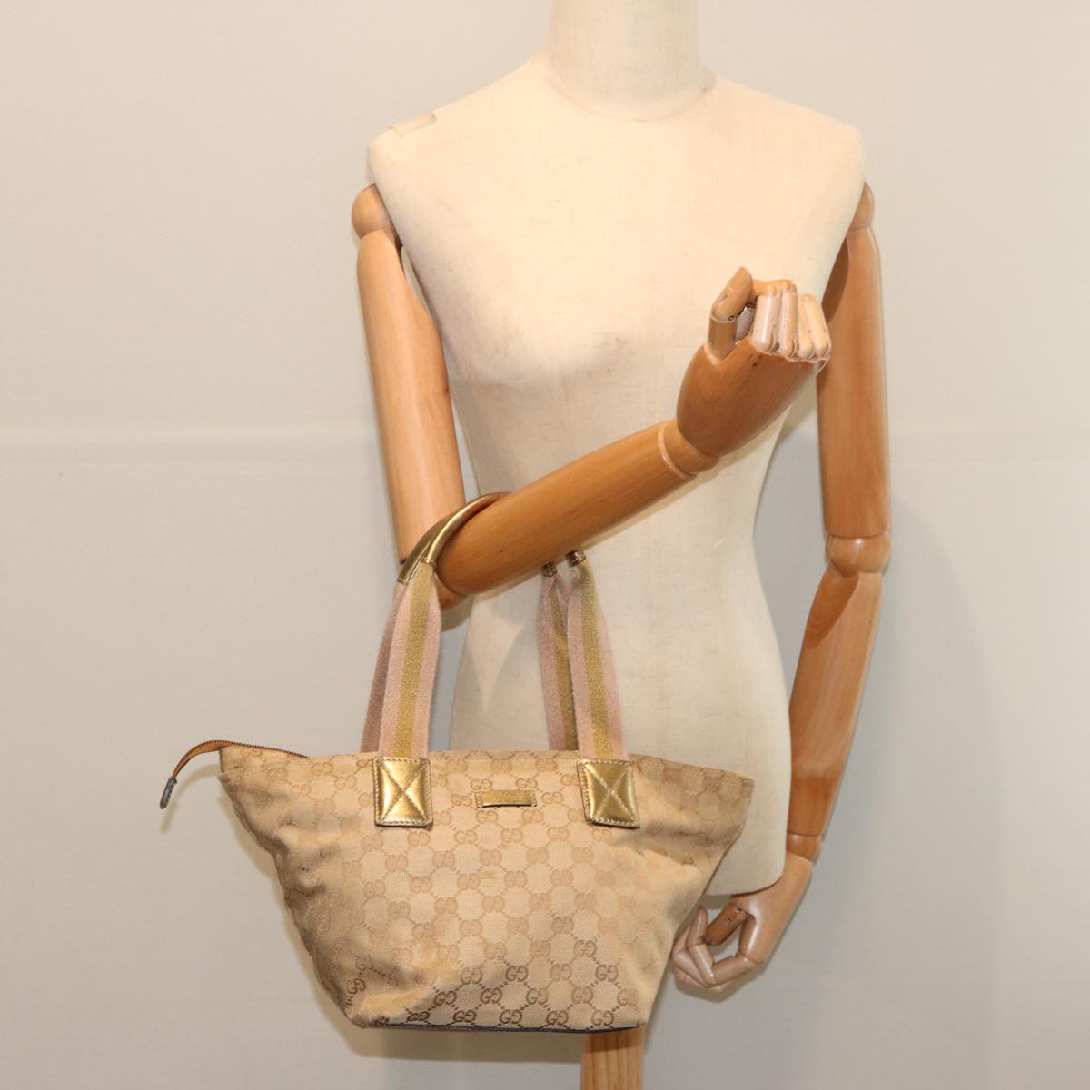 GUCCI GG Canvas Sherry Line Hand Bag Beige Gold pink 131228 Auth 69953