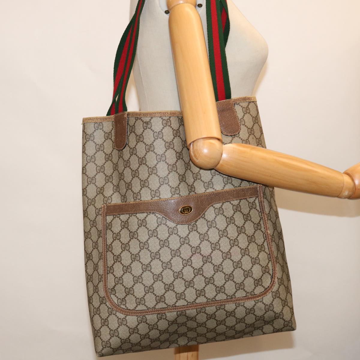 GUCCI GG Supreme Web Sherry Line Tote Bag Beige Red Green 39 02 003 Auth 69958