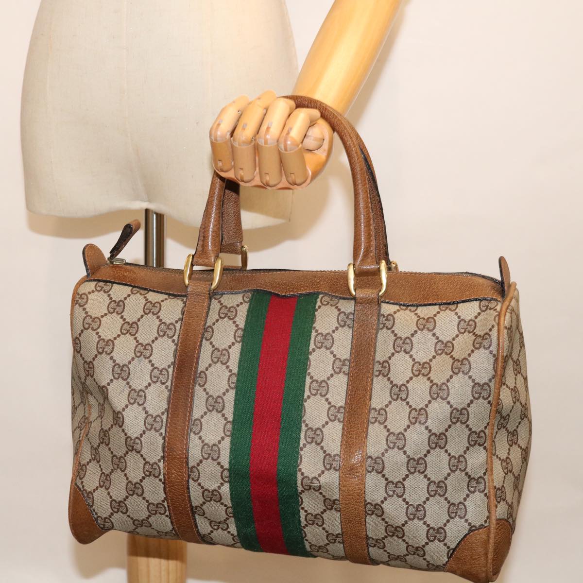 GUCCI GG Supreme Web Sherry Line Hand Bag PVC Beige Red Green Auth 70132