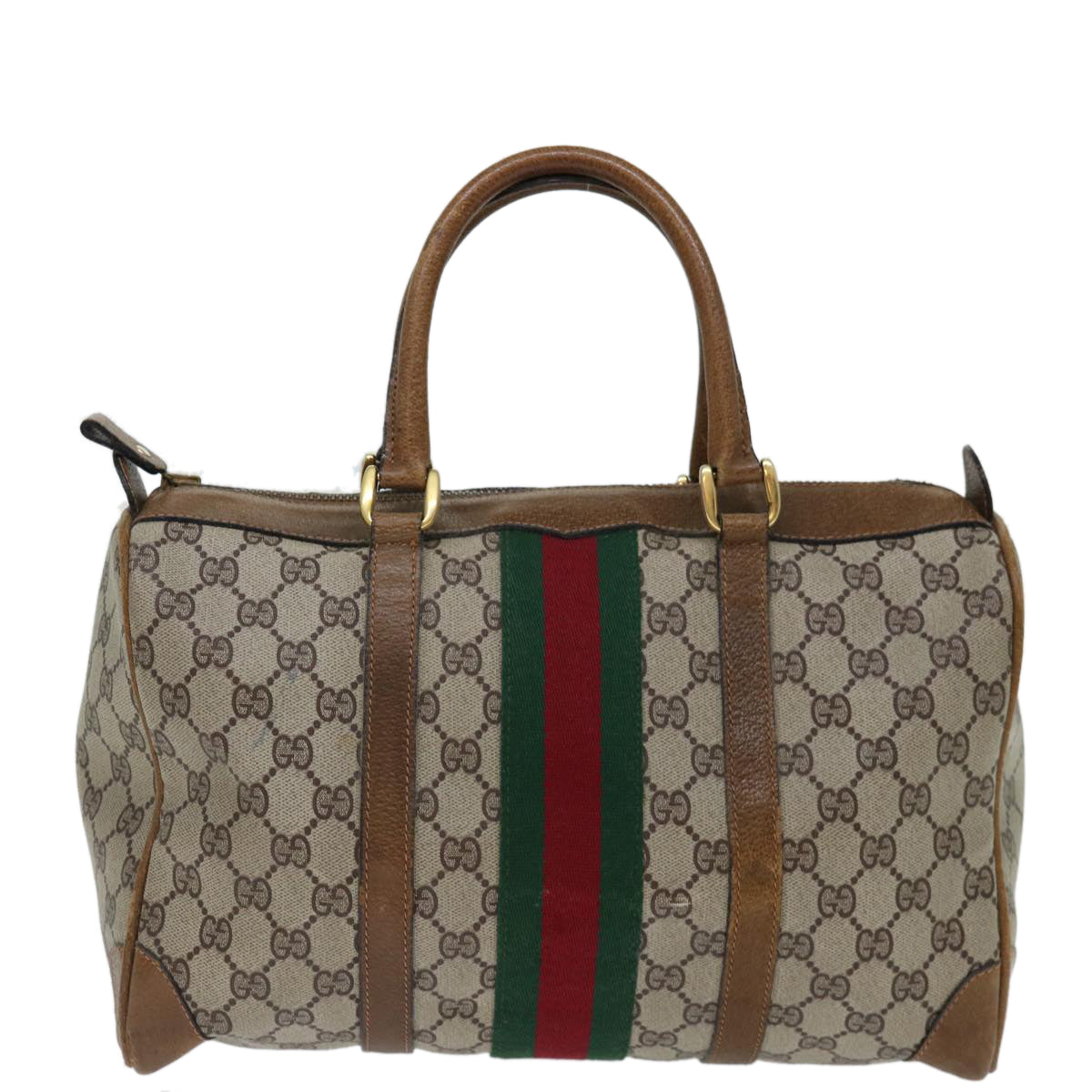 GUCCI GG Supreme Web Sherry Line Hand Bag PVC Beige Red Green Auth 70132