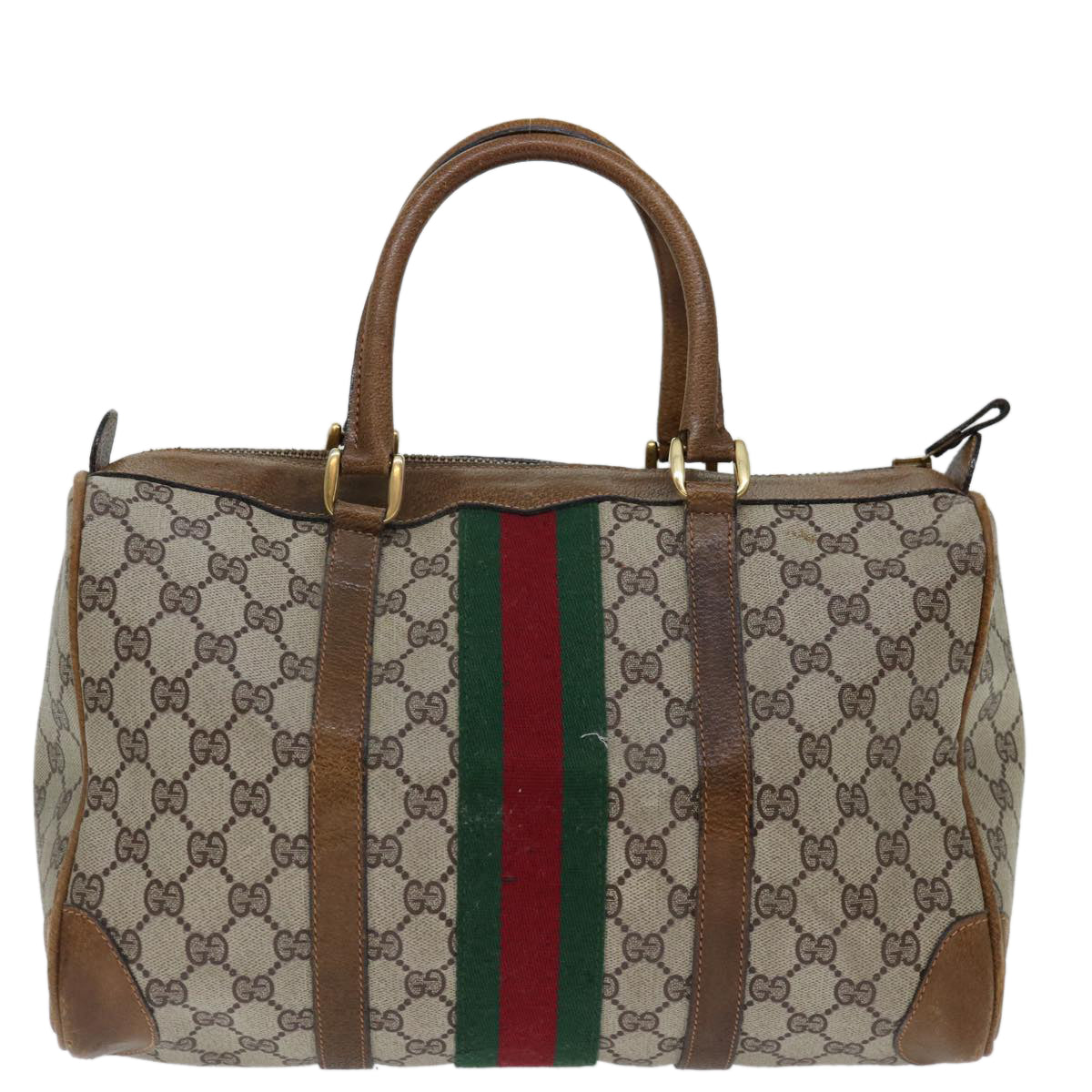 GUCCI GG Supreme Web Sherry Line Hand Bag PVC Beige Red Green Auth 70132