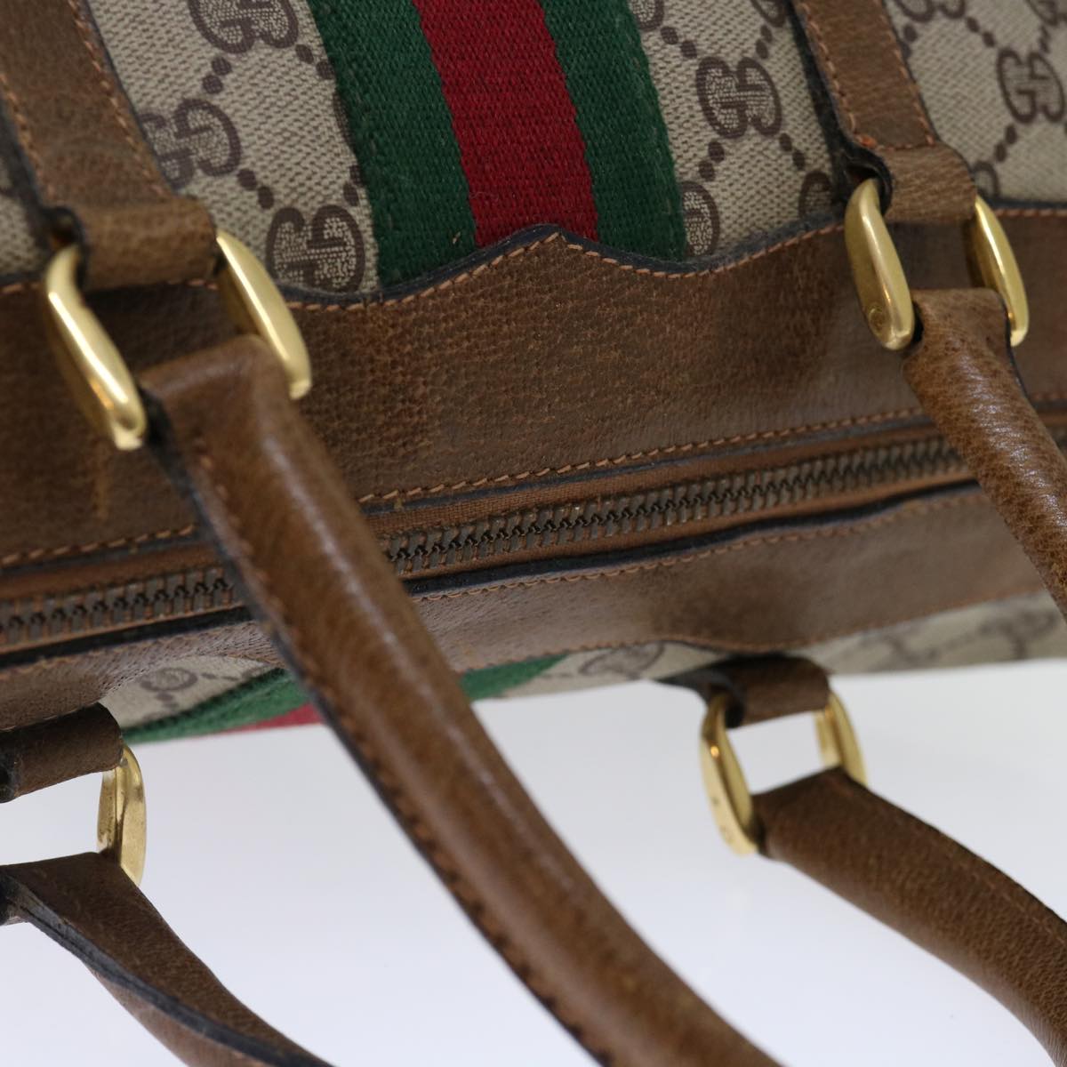 GUCCI GG Supreme Web Sherry Line Hand Bag PVC Beige Red Green Auth 70132