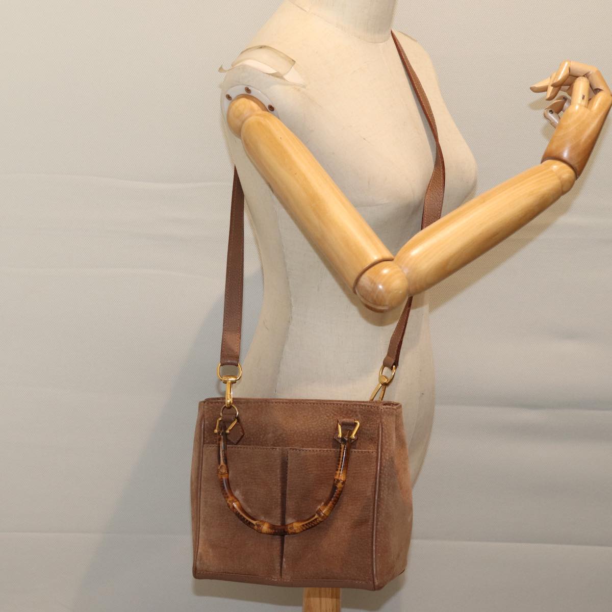 GUCCI Bamboo Hand Bag Suede 2way Beige 000 123 0316 Auth 70190