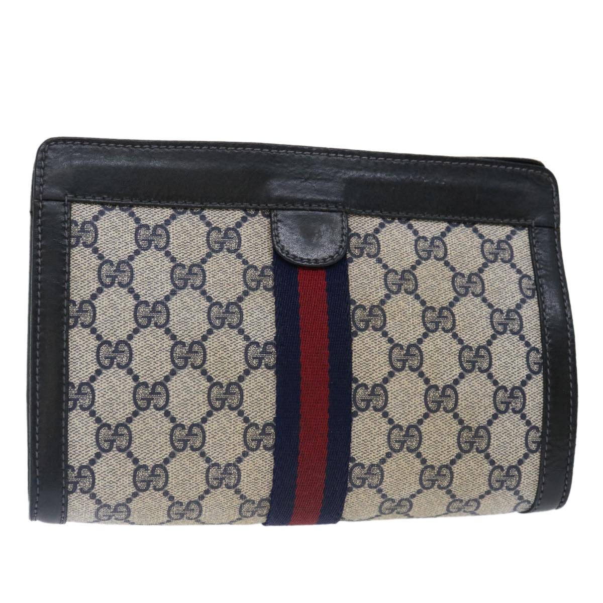 GUCCI GG Supreme Sherry Line Clutch Bag PVC Navy Red 07 014 2125 Auth 70291