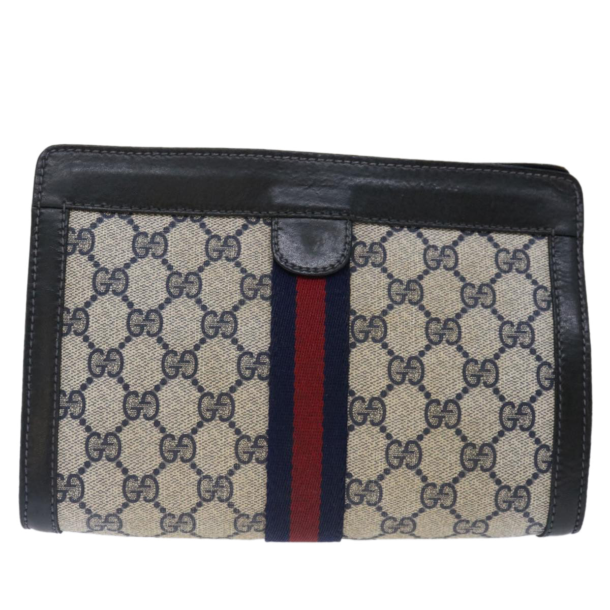 GUCCI GG Supreme Sherry Line Clutch Bag PVC Navy Red 07 014 2125 Auth 70291