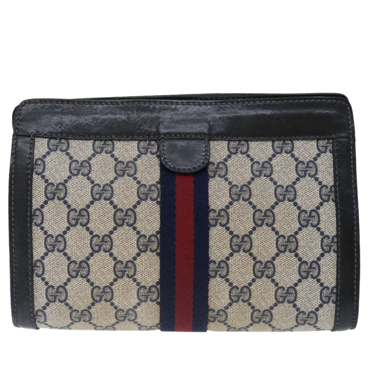 GUCCI GG Supreme Sherry Line Clutch Bag PVC Navy Red 07 014 2125 Auth 70291