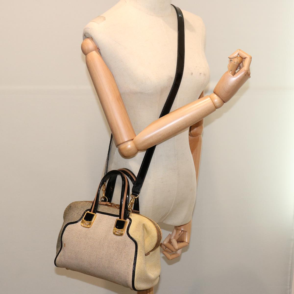 FENDI Hand Bag Canvas 2way Beige Auth 70343